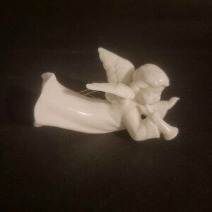 Angel With Horn Ornament Glossy White Porcelain. Made In Japan